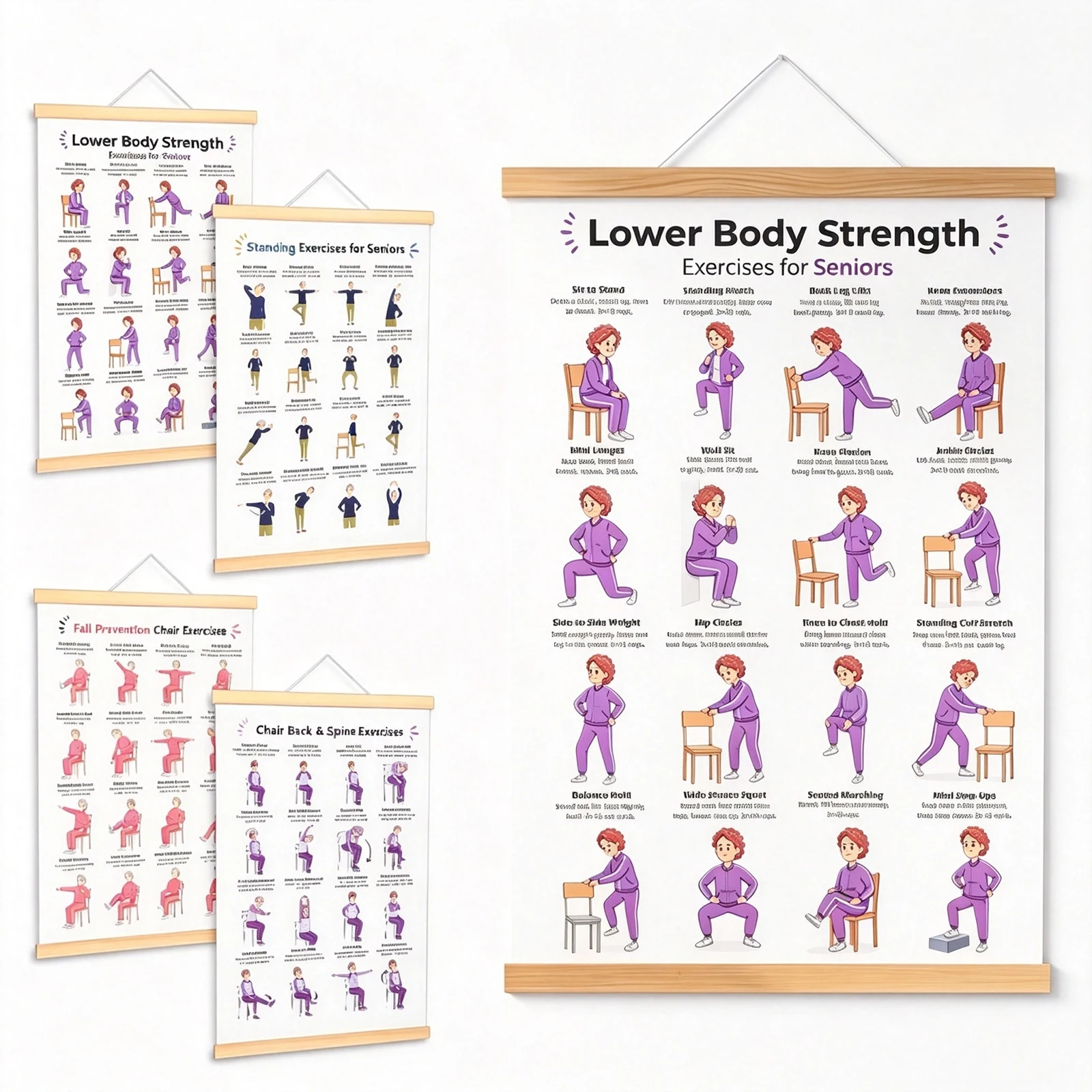 Chair Yoga Tai Chi Exercise Posters Chart Seated Workout Charts Seniors Care Fitness Guide Flexibility Strength Physical Therapy