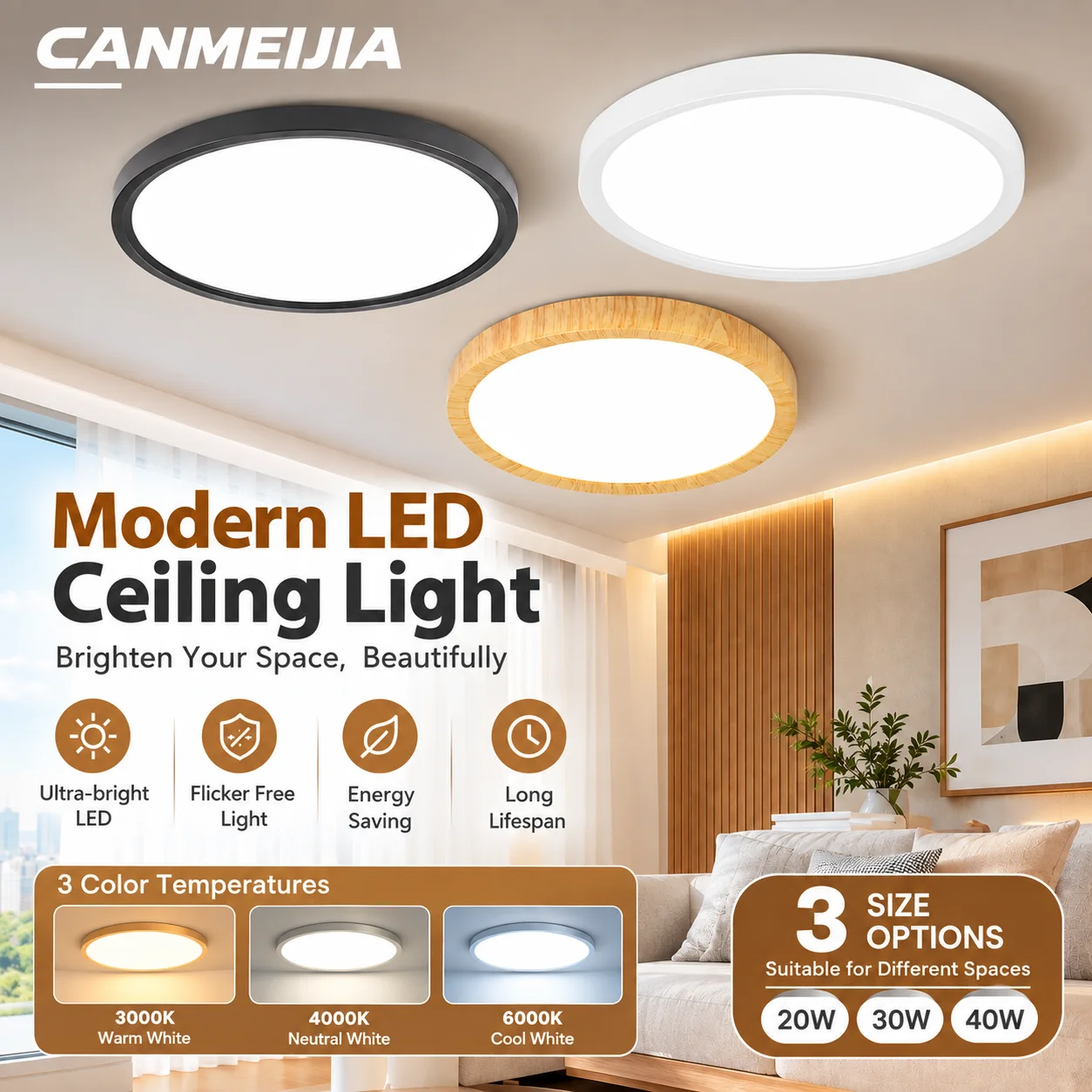 Ultra Thin LED Ceiling Light Modern Surface Mount Lamp 20W 30W 40W 3000K 4000K 6000K for Kitchen Bathroom Living Room Bedroom