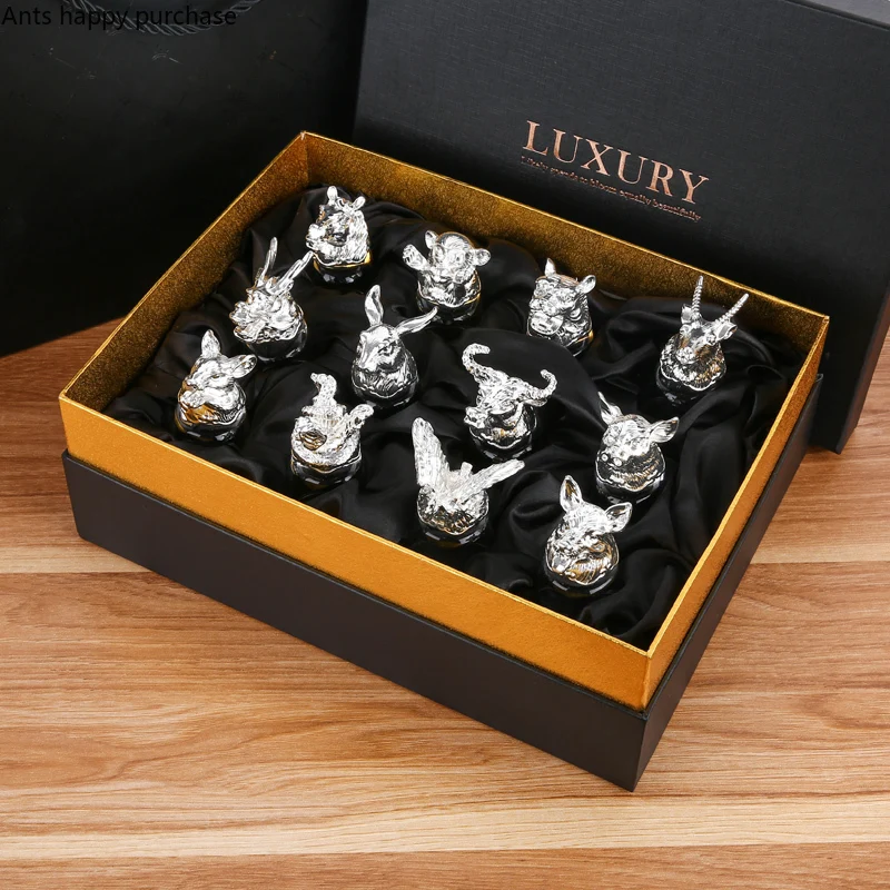 Twelve Zodiac Liquor  Wine Glass Set Household Small Wine Glasses Hip Flasks Chinese Imitation European Drinkware Exquisite Gift