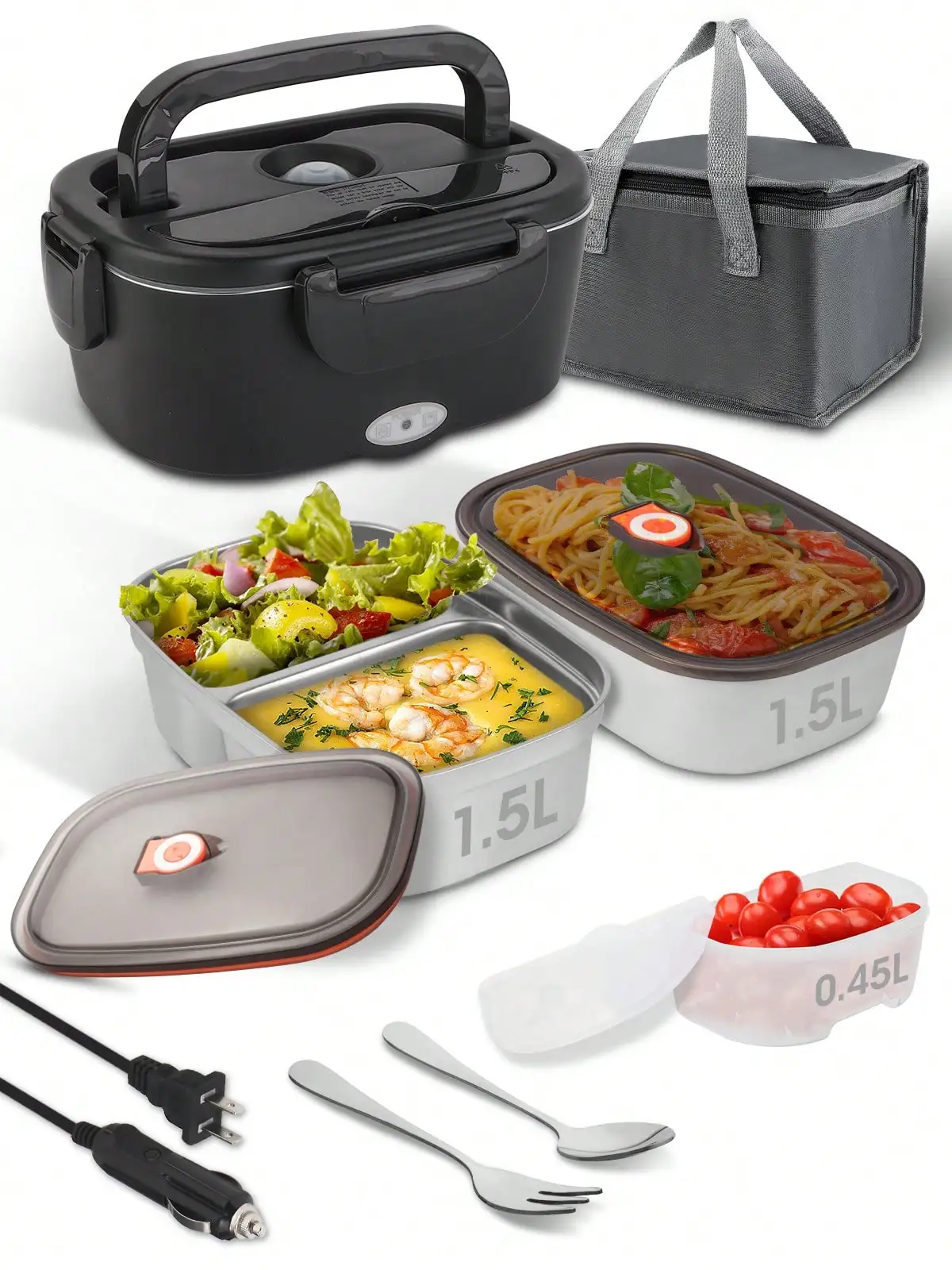 1.5L Electric Lunch Box With Dual Inner Containers, 3in 1 Ultra Heated Lunch Boxes, With Leakproof Removable Container, Cutlery & Insulated Cooler Bag For Car, Truck, Work, Camping & Meal Heating, Travel Food Warmer