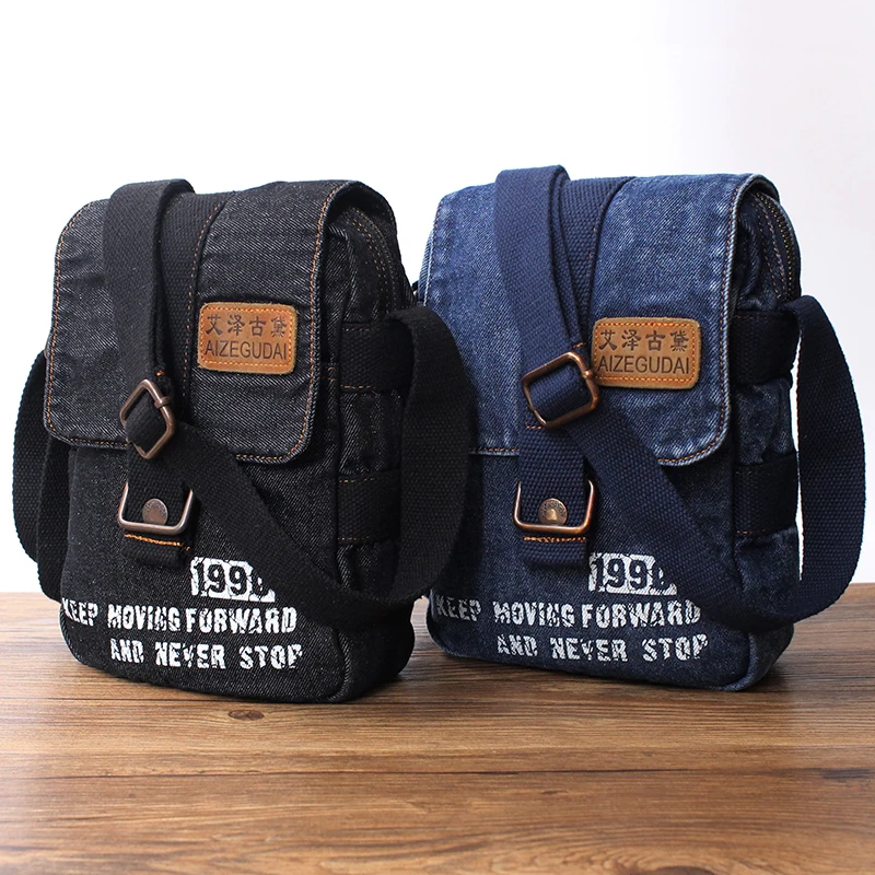 New Retro Denim Crossbody Bag Men's Vertical Style Fashion Commuting Trendy Bag Single Shoulder Sling Bag Washed Heavy Embroi...