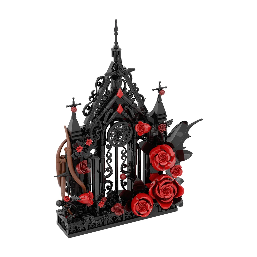 MOC Gothic Window Building Blocks Kit Romance Flower Iron Window Rose Bouquet Decor Bricks Toys Adult Gift