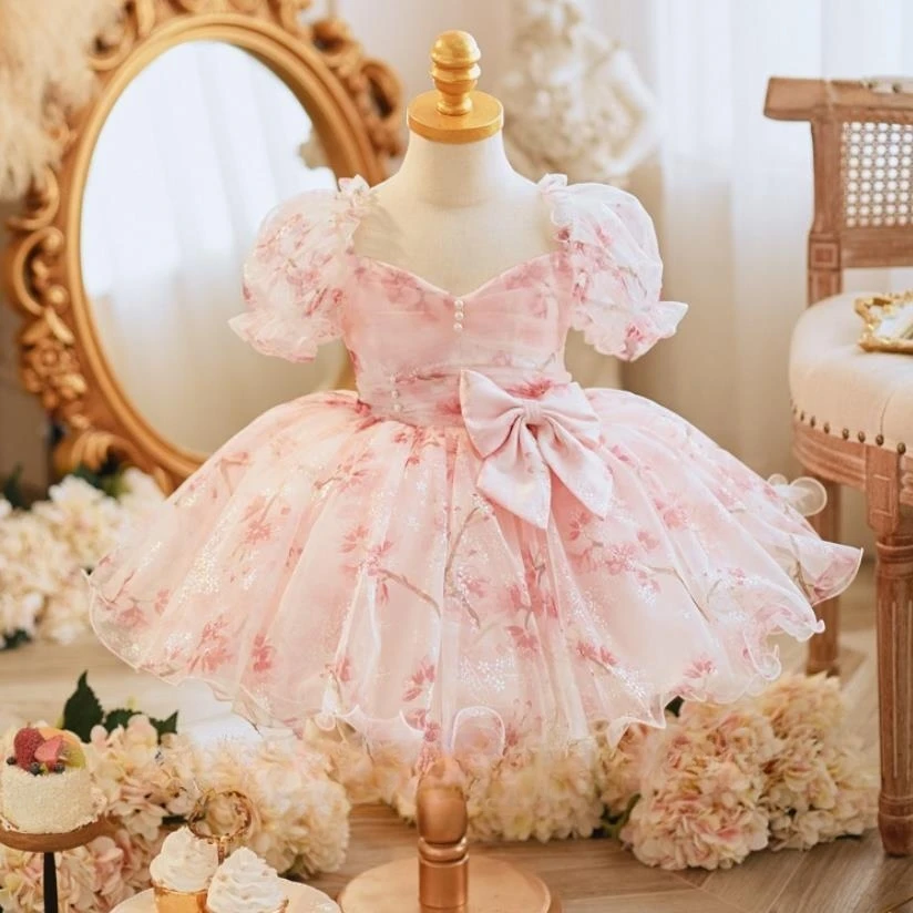 2023 Children\'s Evening Gown Bow Print Puff Sleeve Design Wedding Birthday Baptism Eid Performance Party Girls Dress A2872