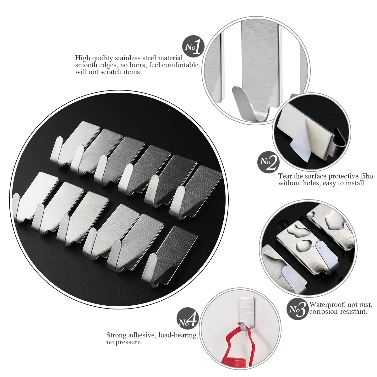 ไม้แขวนติดผนังแบบตะขอแขวนผ้าขนหนูซับสแตนเลสแบบติดกาวอย่างดีสำหรับแขวนห้องครัวห้องนอนห้องน้ำอุปกรณ์เสริม