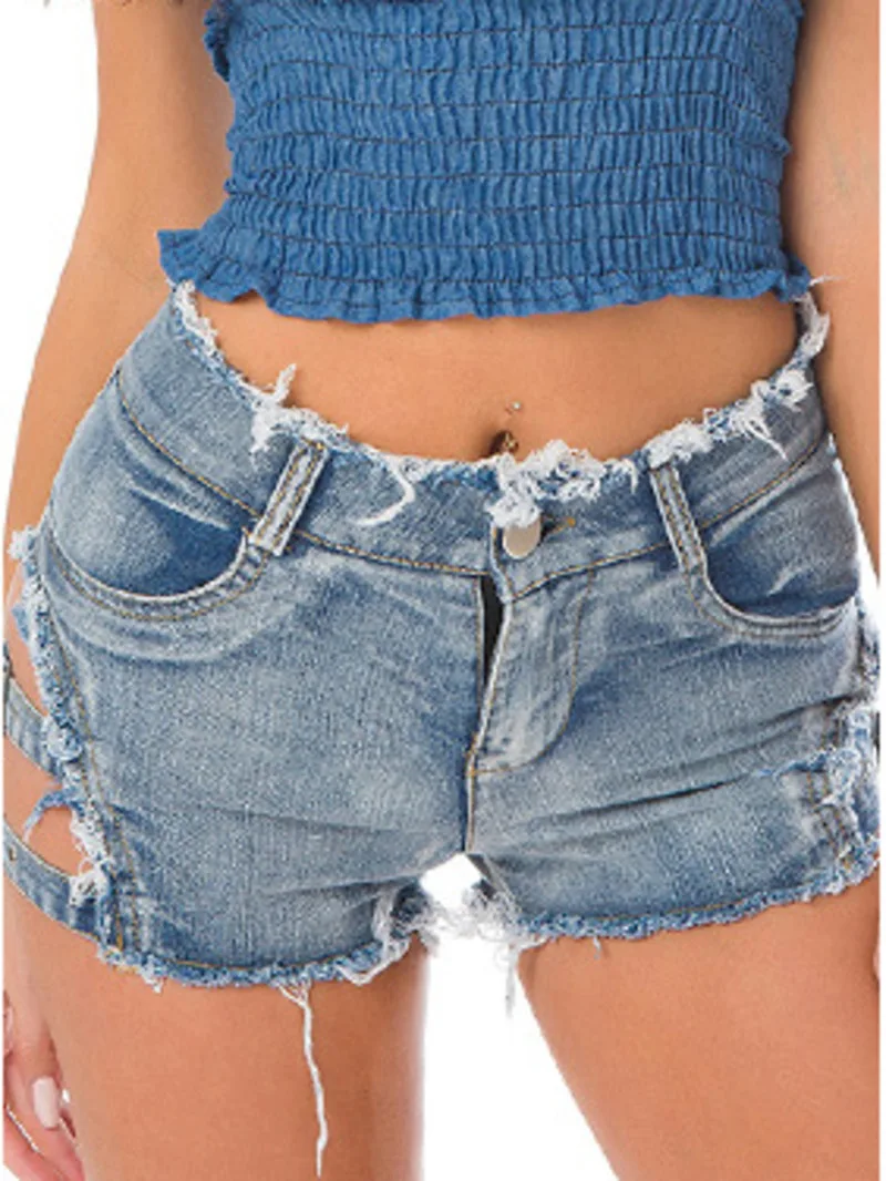 

New Summer Sexy Button Pocket Denim Shorts For Nightclub Women's High Waist Denim Shorts Thin With Holes Charming Elegant DFCJ