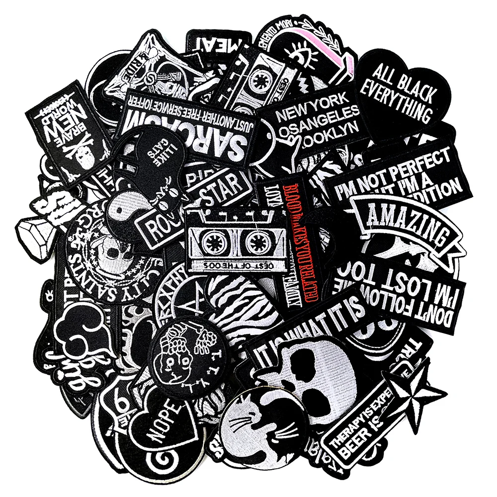 100pcs Random Mix Iron on Patches for Clothes Decoration Apparel Embroidery Appliques Apparel Sewing Supplies Repair Patch Black