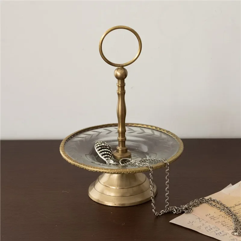 Vintage Brass Fruit Plate with Carved Glass Design European Style Decorative Tray for Living Room Tea Table Snack Dessert