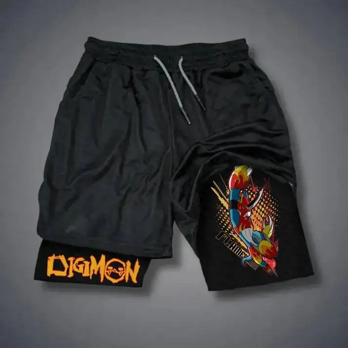 Shorts esportivos masculinos de 2 camadas com estampa Digimon Garurumon Blue Wolf e design gráfico roxo para anime casual streetwear