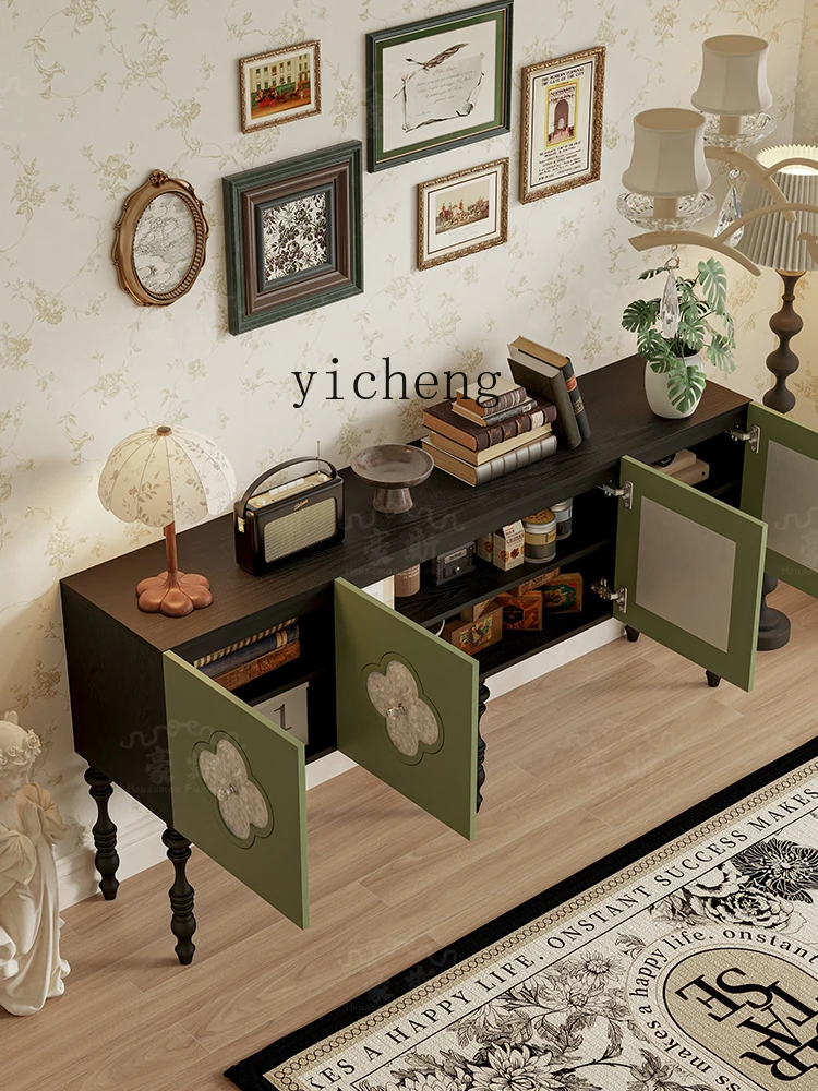 TWR Retro green entrance cabinet, solid wood entrance, antique style entrance counter, light luxury storage cabinet