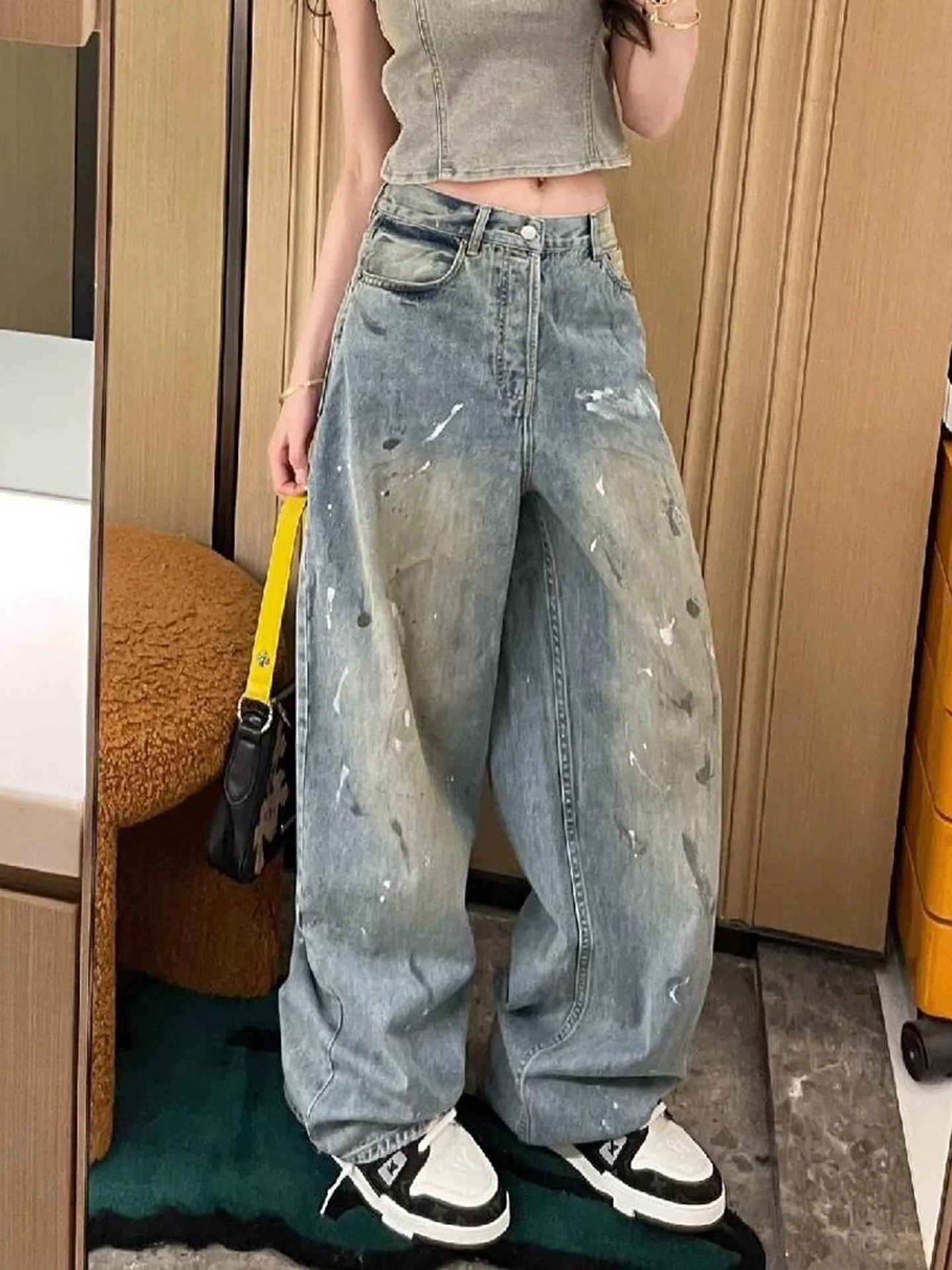 American High Street Fashion Graffiti Design Wide Leg Denim Jeans Women Short Size Vintage Versatile Faded Floor-Length Pants