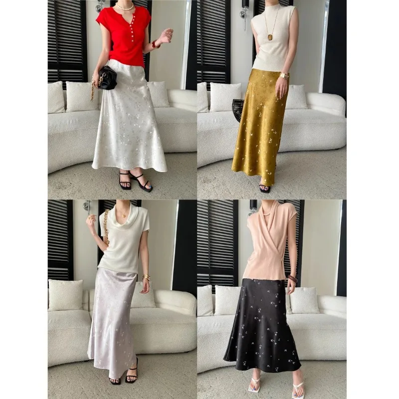 Chinese Style Style Elastic High Waist Satin Skirt Golden Yellow Skirt With White Butterfly Printed High Waist For Women LD00