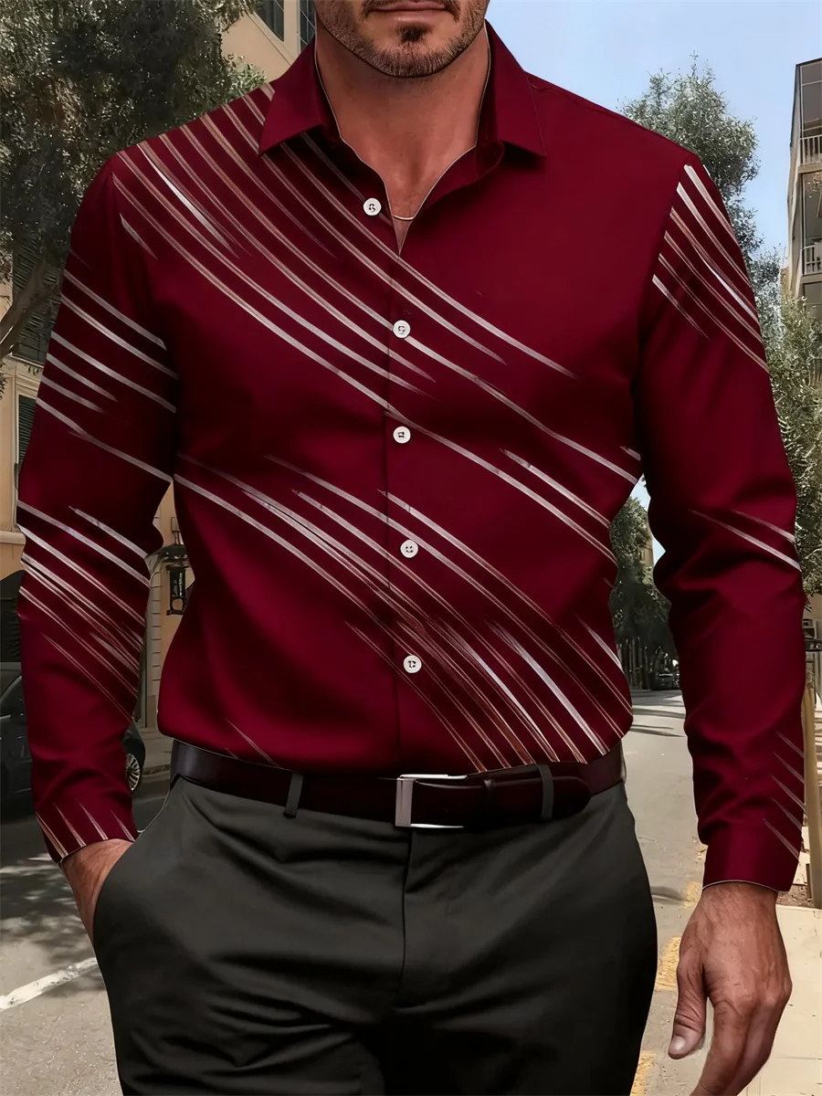 New men's fashion diagonal striped print long-sleeved shirt Business casual style street trend men's slim-fit non-iron shirt