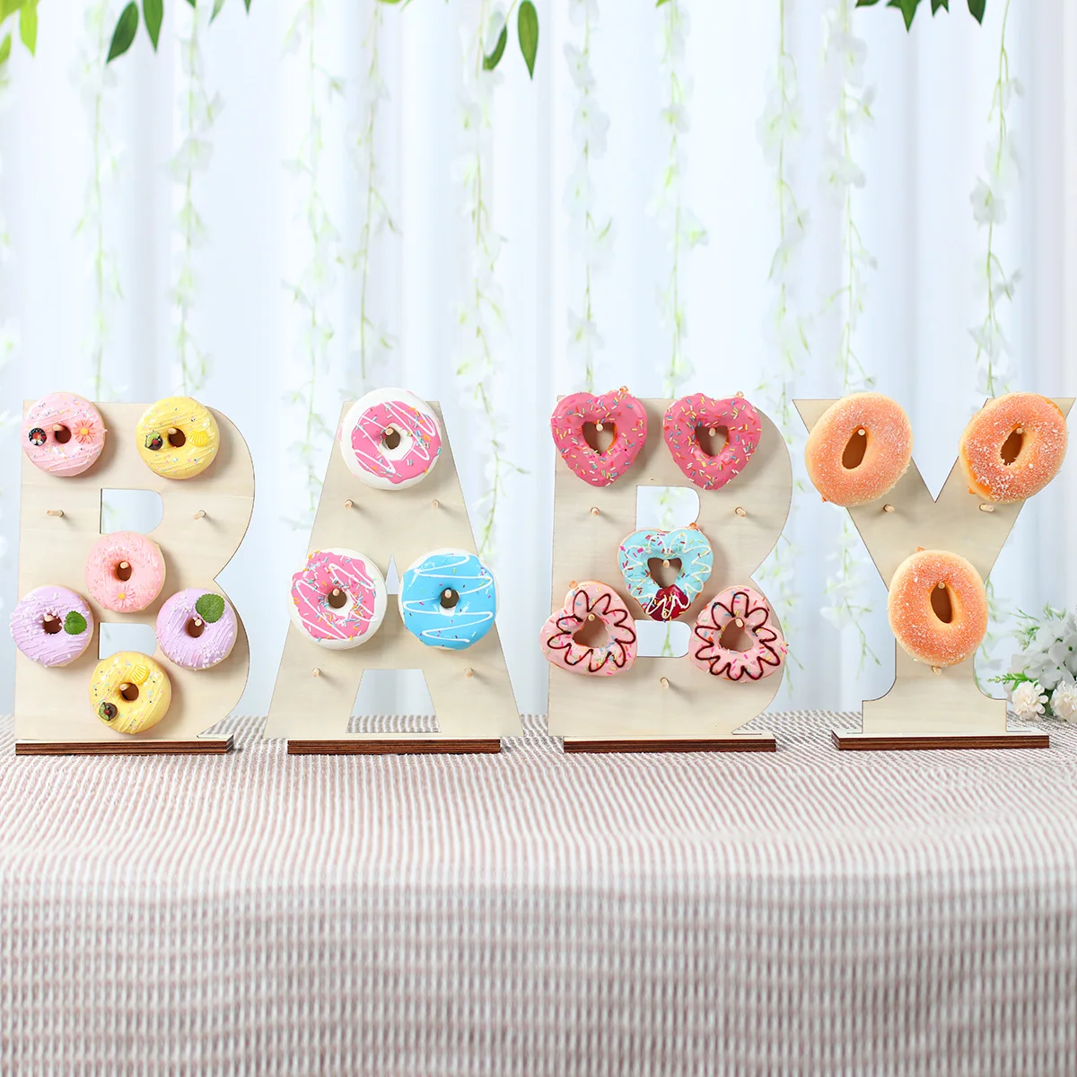 Placa de rosquinha de madeira do alfabeto, decorações de festa de feliz aniversário, crianças e adultos, expositor de rosquinha, festa de casamento, chá de bebê, suprimentos