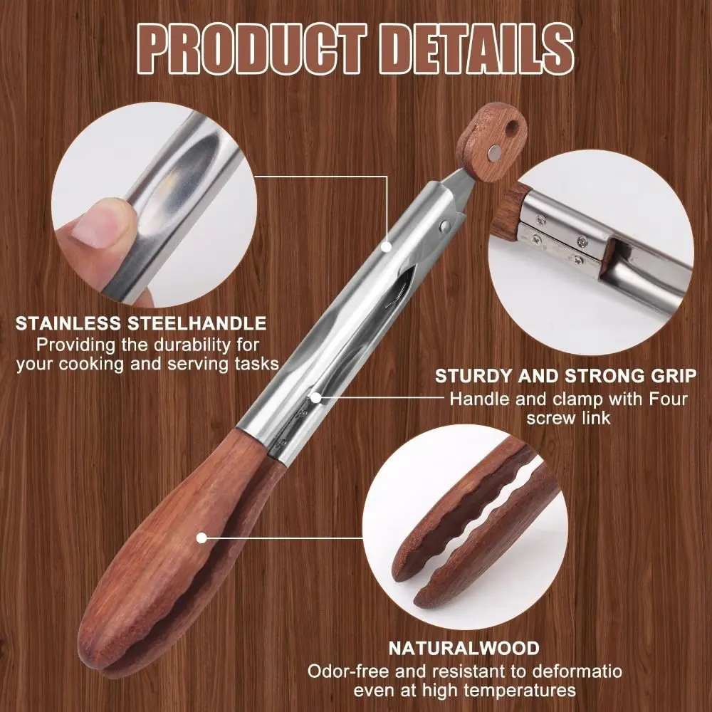 Wooden Tips Kitchen Cooking Tongs Long Handle Stainless Steel Food Salad Tongs Heat Resistant Non-Slip Grip Barbecue Tongs