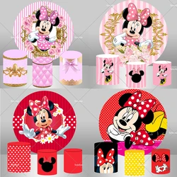 Pink Red Minnie Mouse Round Backdrop For Girls Newborn Baby Shower 1st Birthday Circle Background Dessert Table Cylinder Covers