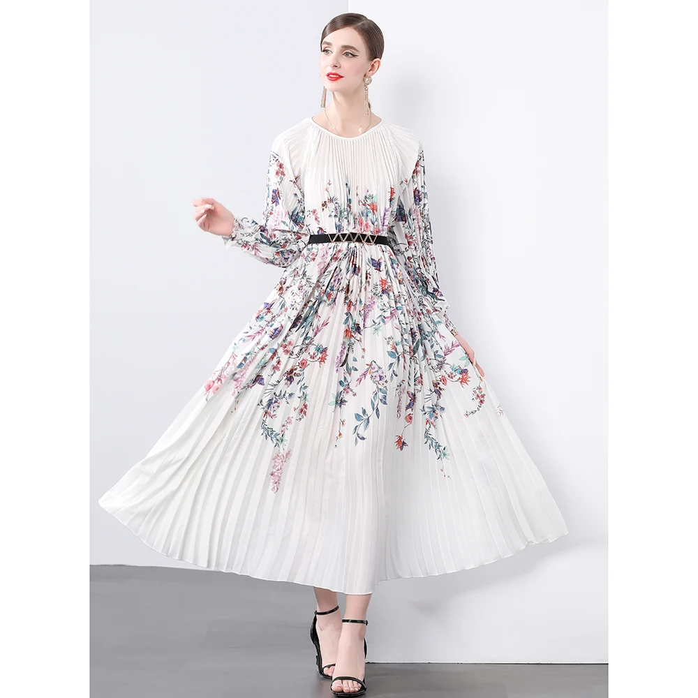 Miyake Fashion Temperament Dress High Quality Pleated Loose Black Floral Dress Fashion 2024 Autumn Maxi Dress Clothing