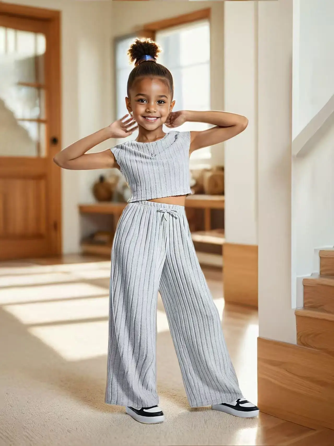 

2025 New Summer Children's Ribbed Knit Wool Fabric Top Wide-leg Pant Light Grey Set 1-8 Years old Kids Outfits