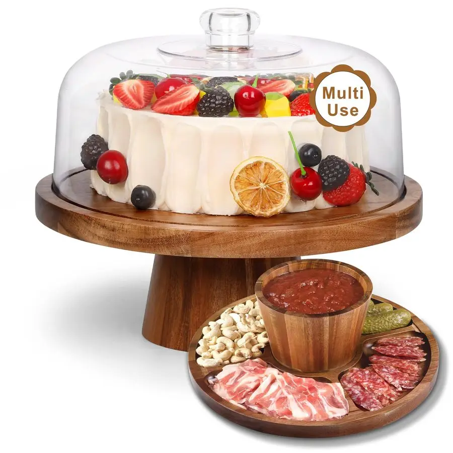 

Acacia Wood Cake Stand with Lid 12in Round Cake Holder, 2in1 Dessert Table Display Set amp Charcuterie Board for Cheese, Chips a