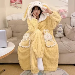 Winter Kawaii Cartoon Coral Velvet Pajama Sets Thickened Warm Soft Cute Long Nightgown Bath Robe Home Loungewear Suit for Women