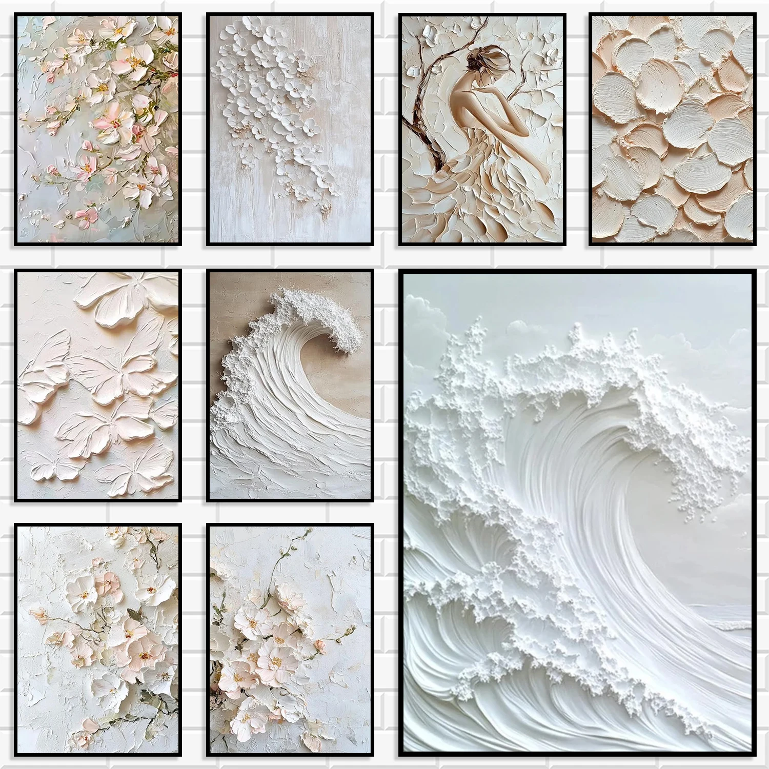 Thick Impasto Textured Canvas Wall Art Set Relief Abstract White Wave Flower Print for Living Room Bedroom Bathroom Home Decor