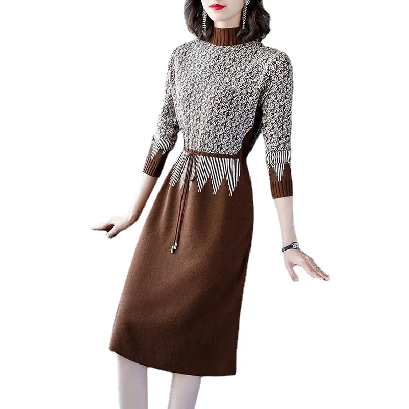 High fashion medium length dress for women in spring and autumn New mother's base sweater knee length cashmere