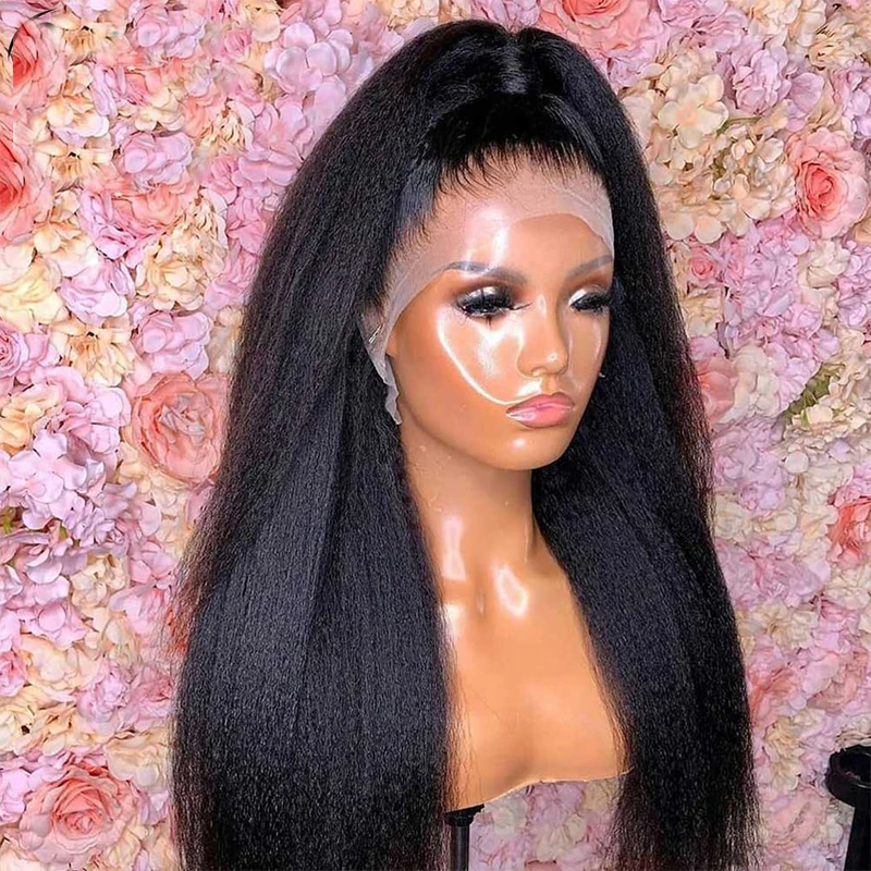 Perruque Lace Front Wig Yaki Synthétique Sans Colle, Cheveux Crépus Lisses, Doux, Noir Naturel, 26 Pouces, Pre-Plucked, avec Baby Hair, pour Femme