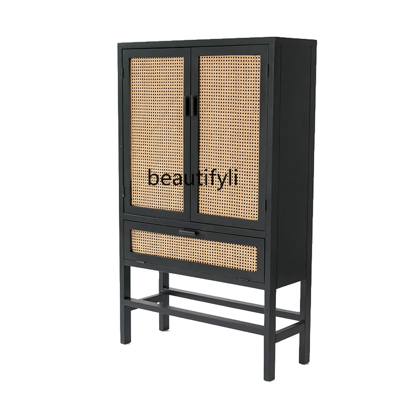 

Rattan Storage Cabinet Nordic Solid Wood Living Room Sideboard Cabinet Double Door Hallway Curio Cabinet