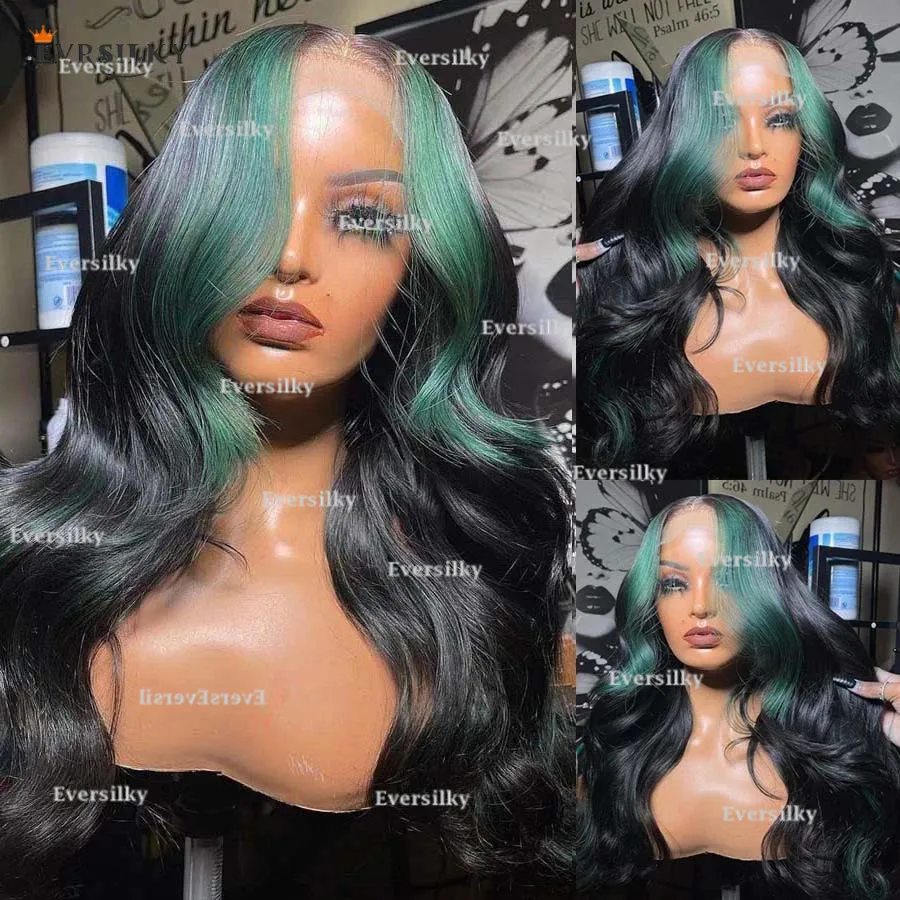 Highlights Green Black glueless human hair ready to wear 13 x 6 breathable front lace wig High density Lace wig 360 HD Lace wig