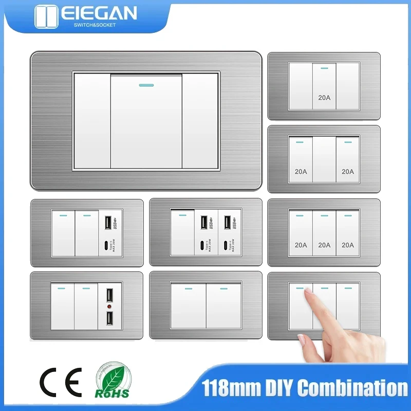 

EU BR US Standard 1/2/3/4/5 Gang 2/3 Way Wall Light Switch 20A stainless steel Tempered Glass Panel Button Power Rocker Switch