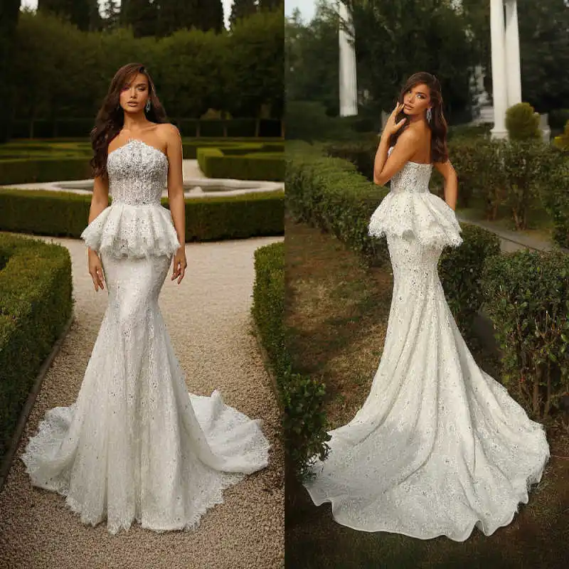 New Mermaid Wedding Dress Sleeveless Prom Gown Appliques 3D-Lace Bridal Gowns Shine Beads vestido de novia Plus Size Customized