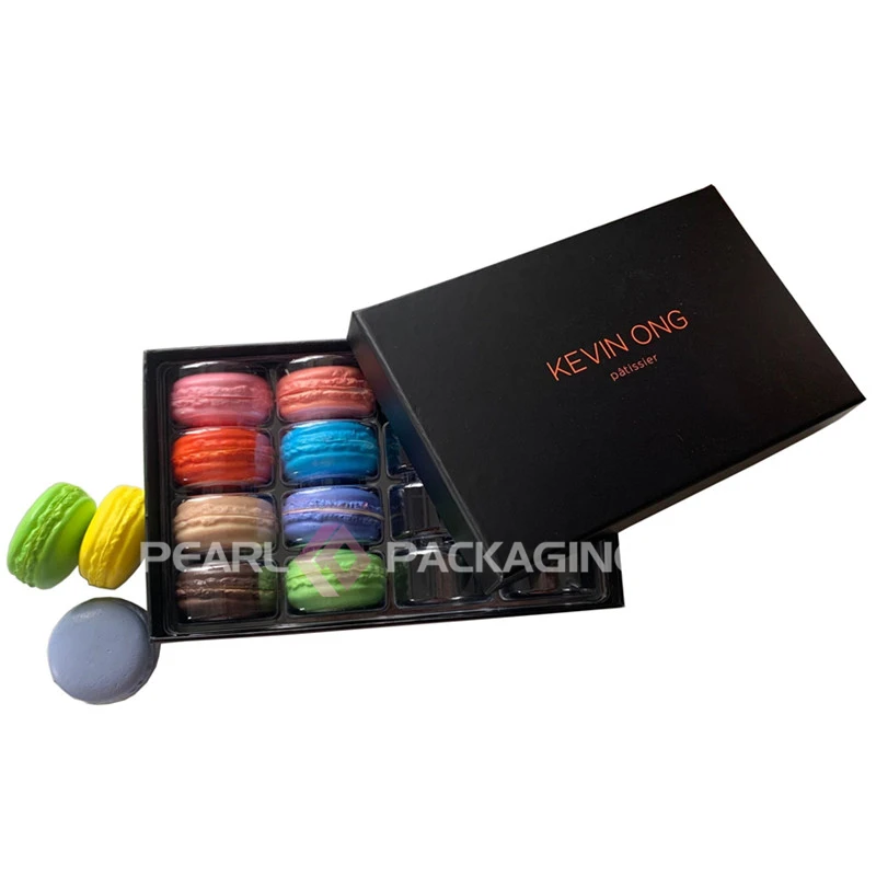 

Custom Clear PET Plastic Macaron Chocolate Blister Tray with Lid Cardboard Gift Box