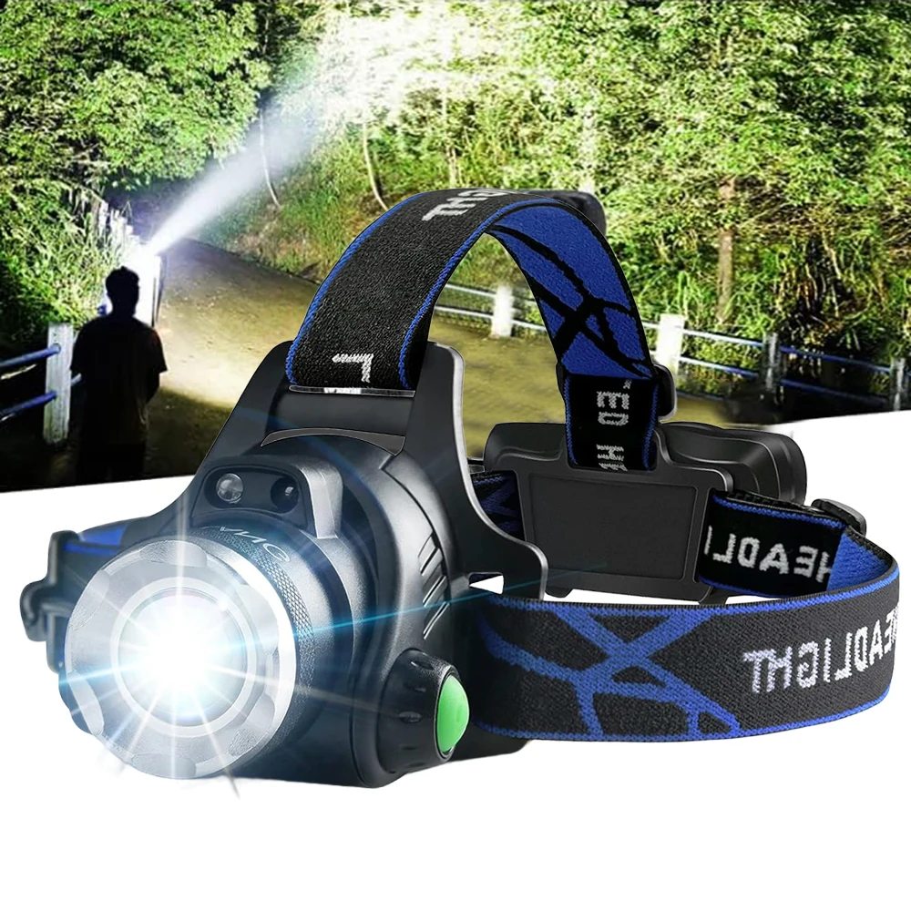 Leistungsstarke LED-Stirnlampe Zoombare Kopflampe Outdoor Wasserdicht Wiederaufladbar Angeln Camping Licht Tragbare Stirnleuchte Powerbank