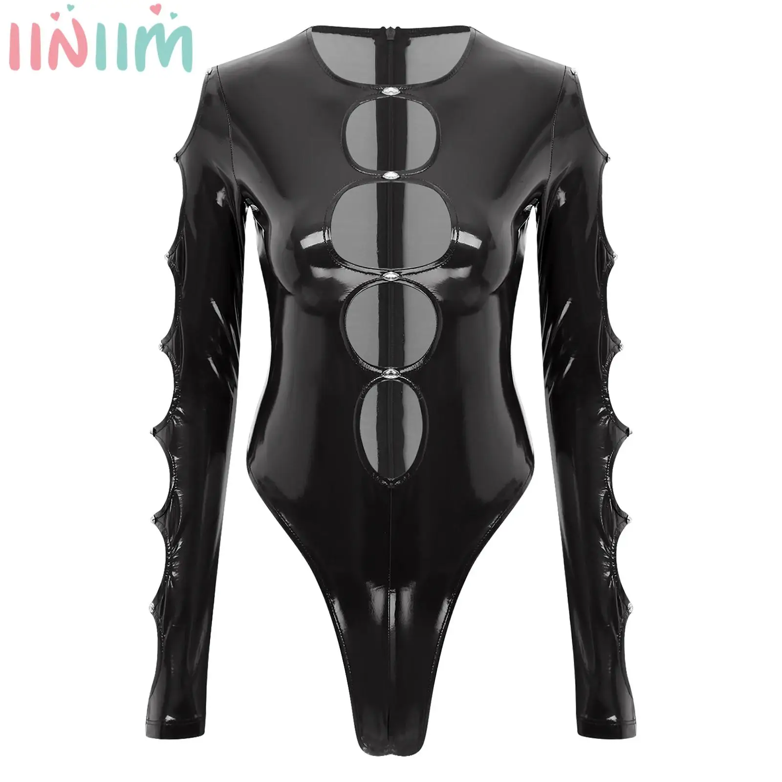 

Womens Sexy Cutout PU Leather Bodysuit Shiny Rhinestones Long Sleeve High Cut Leotard Jumpsuit Night Clubwear Rave Dance Outfits