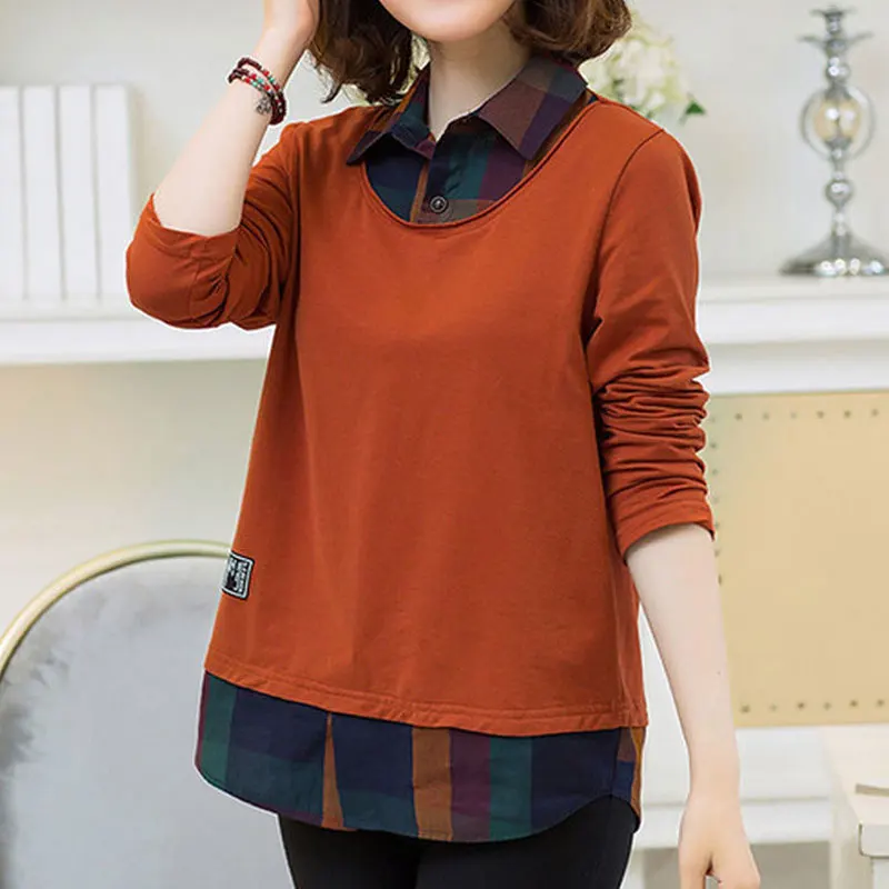 

Women's Clothing Casual Loose Polo-Neck Pullovers Spring Autumn Standard Solid Color Patchwork All-match Fashion Button T-shirt