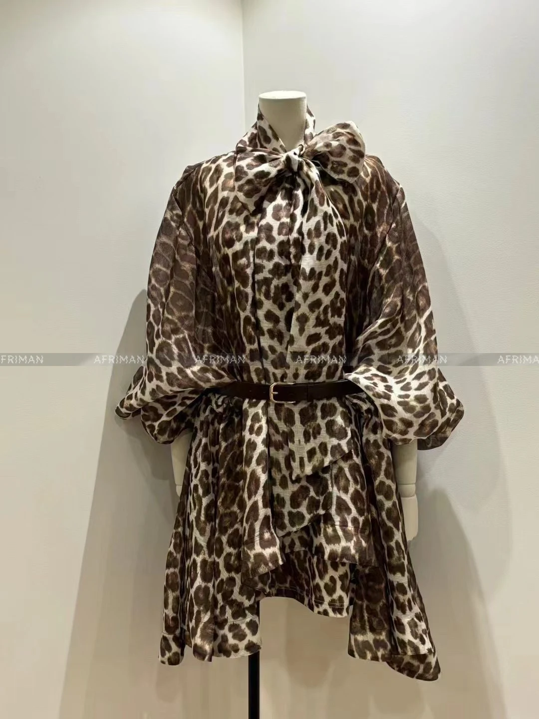 Women Ribbon Bow Collar Lantern Long Sleeve Leopard Print Silk Linen Loose Mini Dress