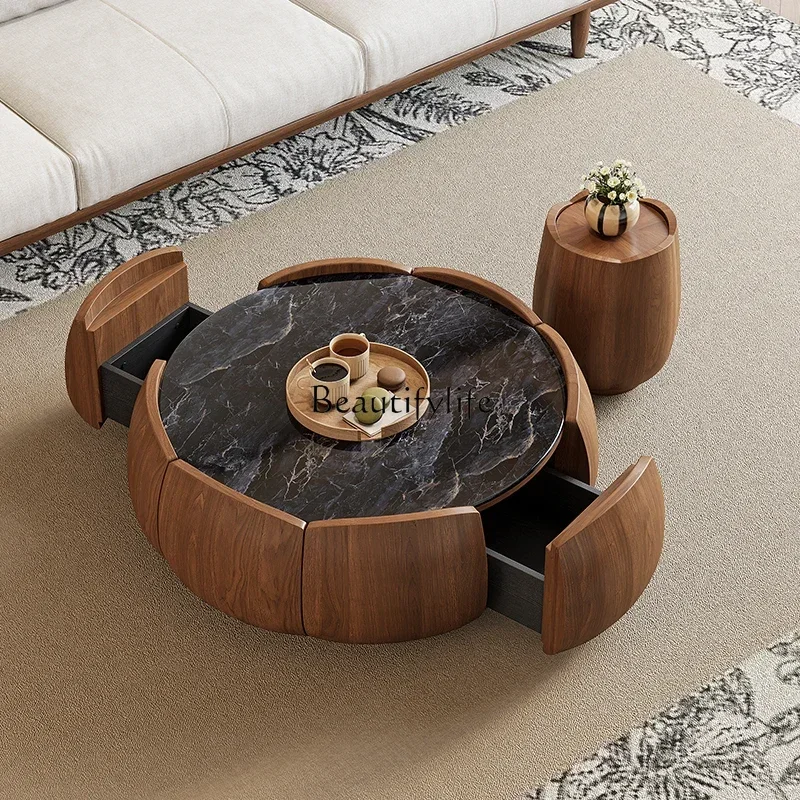 

44 Vintage Style Marble Coffee Table Wabi-Sabi Style Home Irregular Solid Wood Storage Side Table Set