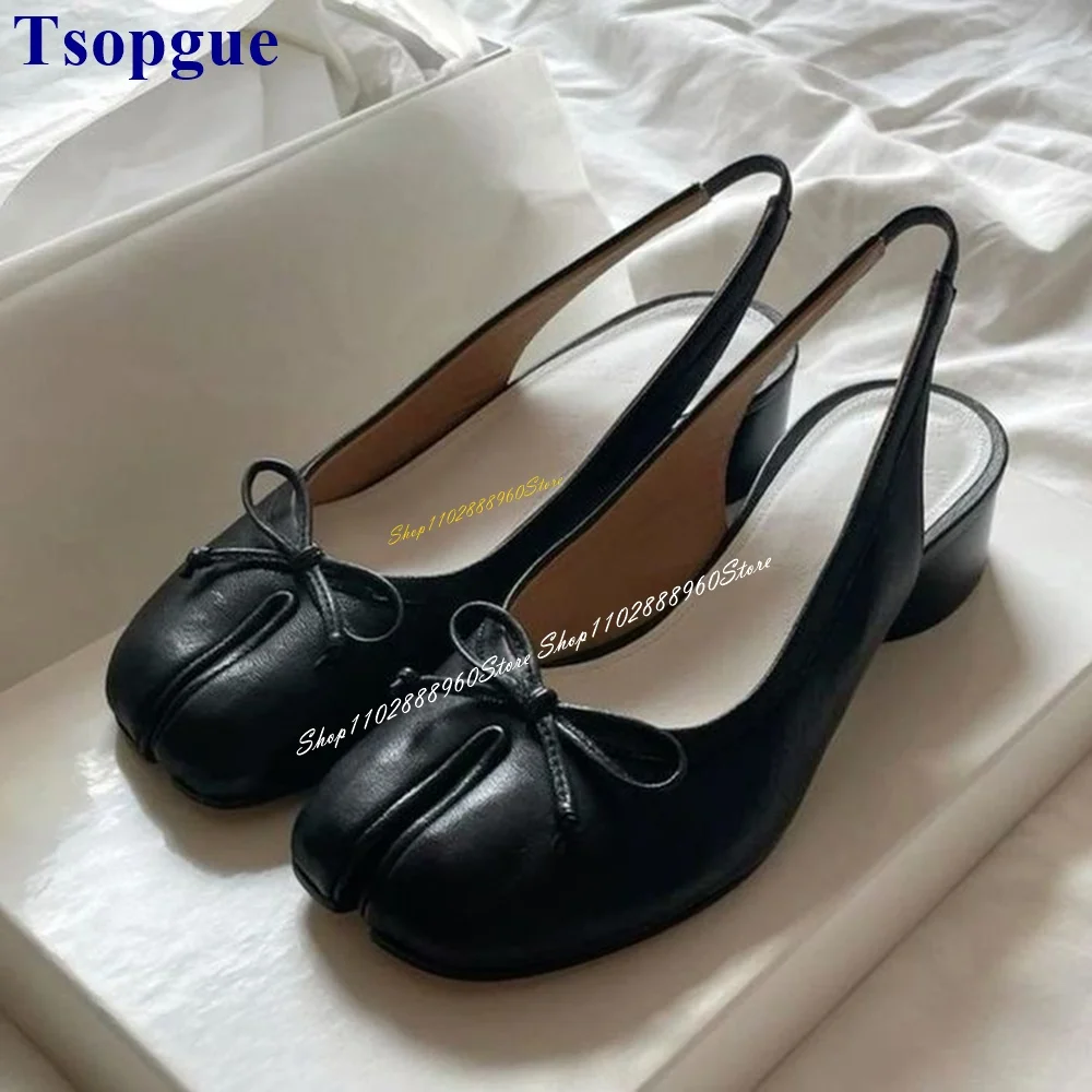 Slingback Black Bowknot Tabi Shoes Sandals Cut Heel Thick Heel Women Shoes Back Strap Split Toe 2024 Fashion Zapatos Para Mujere