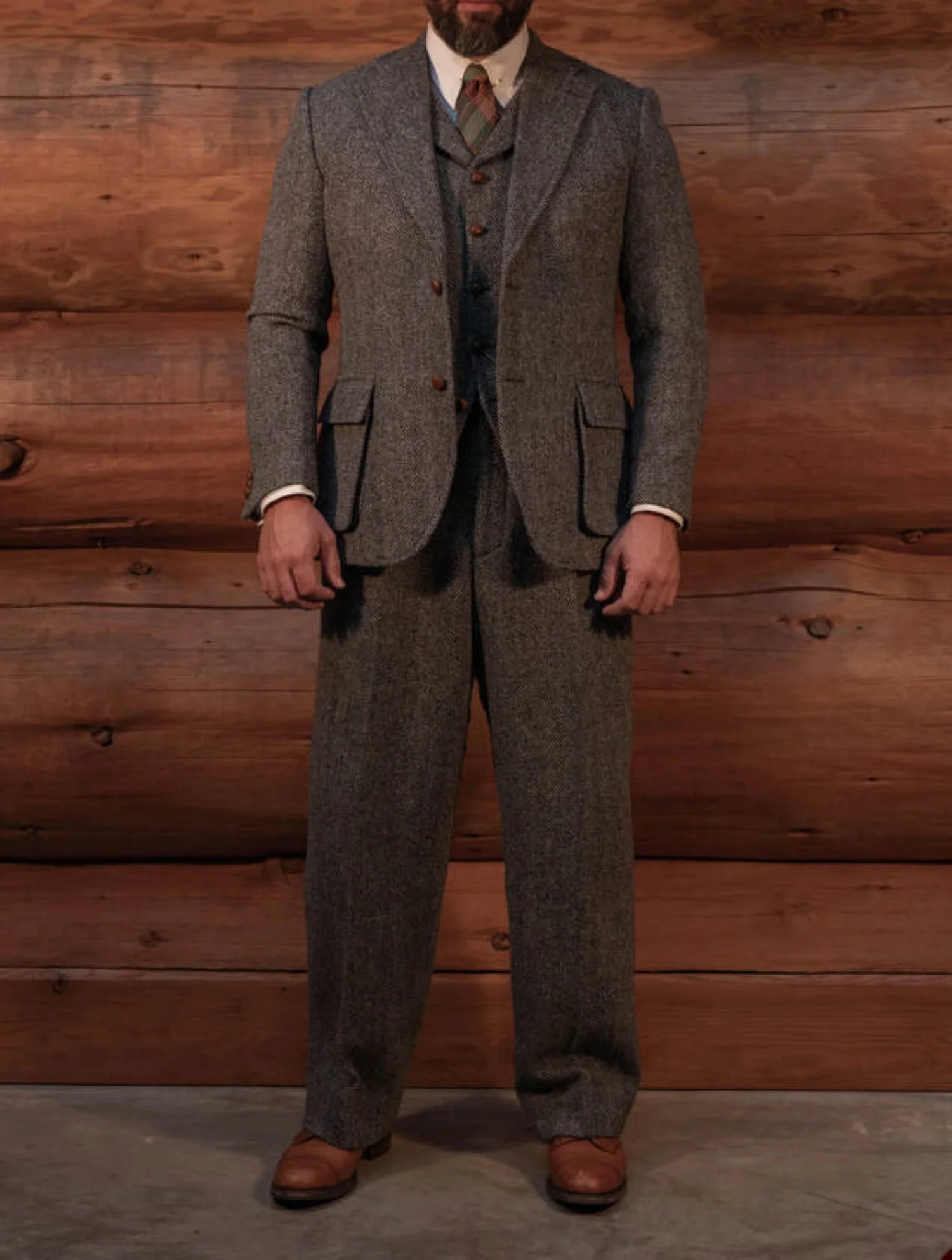 بدلة تويد كلاسيكية باللون البني للرجال بدلة زفاف العريس ملابس رسمية 3 قطع ملابس شتوية سميكة مصنوعة حسب الطلب