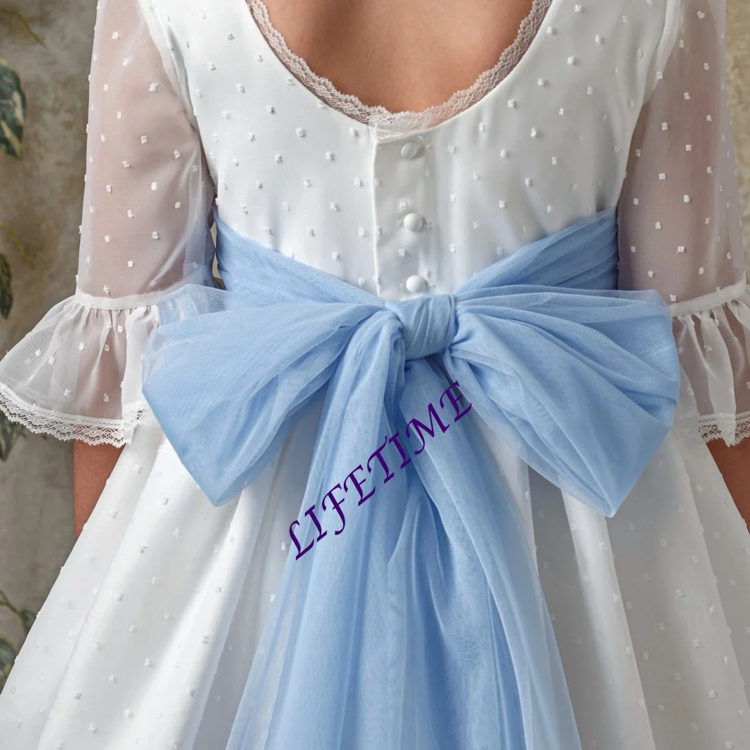 Infant Communion Dress Customized Gown with Half Sleeves Pink Flowers Embroidery Bodice Ribbon Belt Long Gown for Party