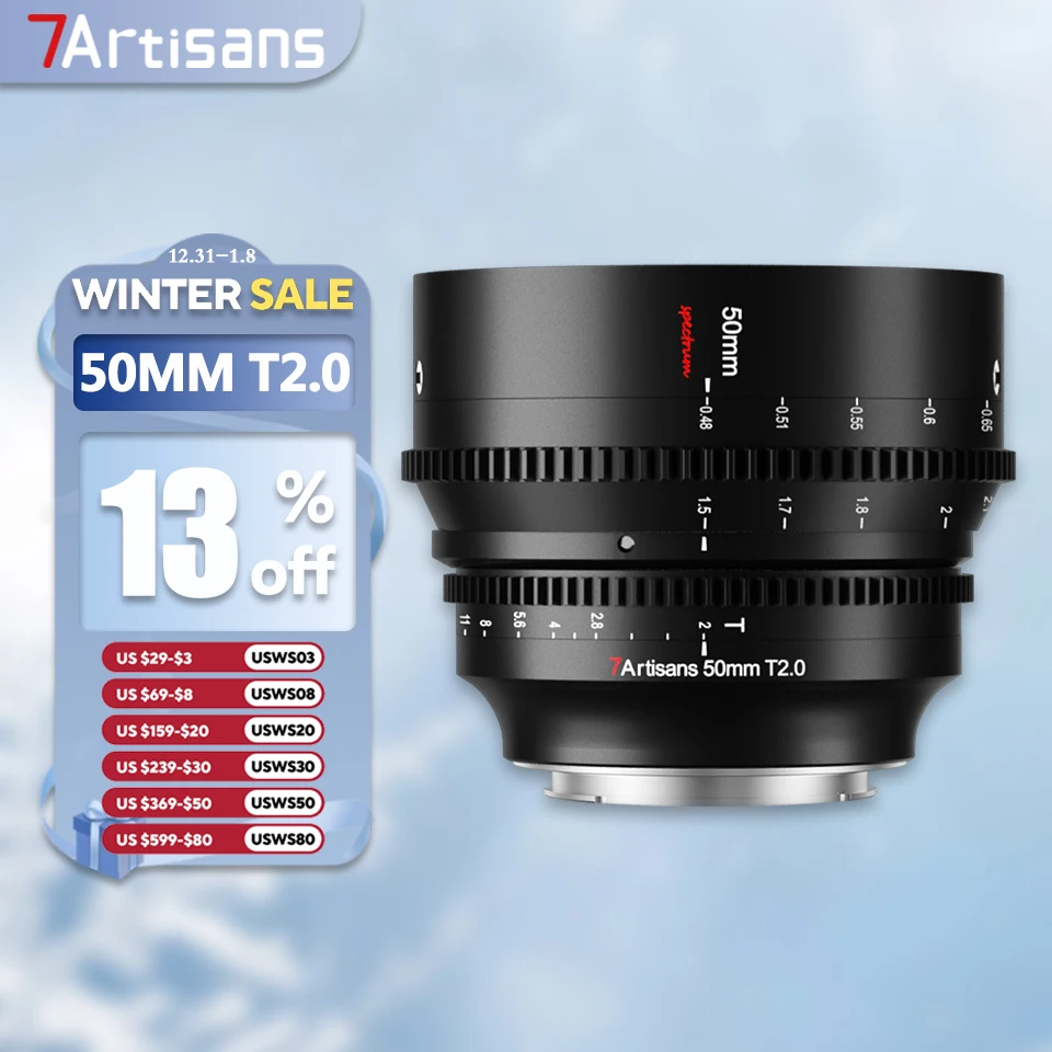 7artisans 50mm T2.0 Full Frame Cine Lens for Camera Photography with Sony E Fujifilm XT100 Nikon Z Canon RF EOS-M M43 Mount