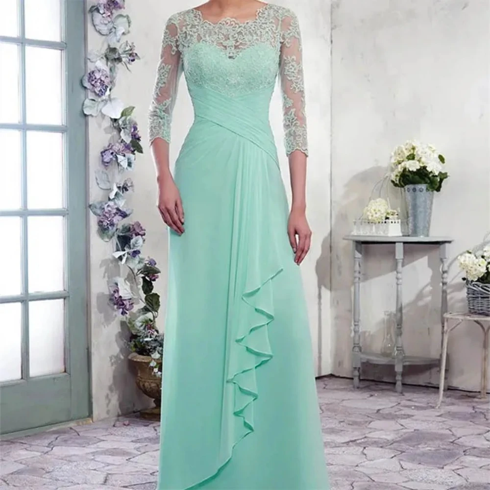 

Mint Mother of The Bride Dresses Customized 3/4 Sleeves A-line Buttons Back Pleats Chiffon Floor Length Formal Evening Gowns