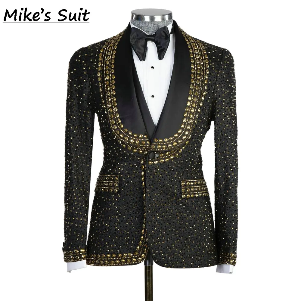 Black Full Covered Gem Men Suit Classic Business Blazer Man Formal Suits Costumes 2 Pieces Set Jacket And Pants