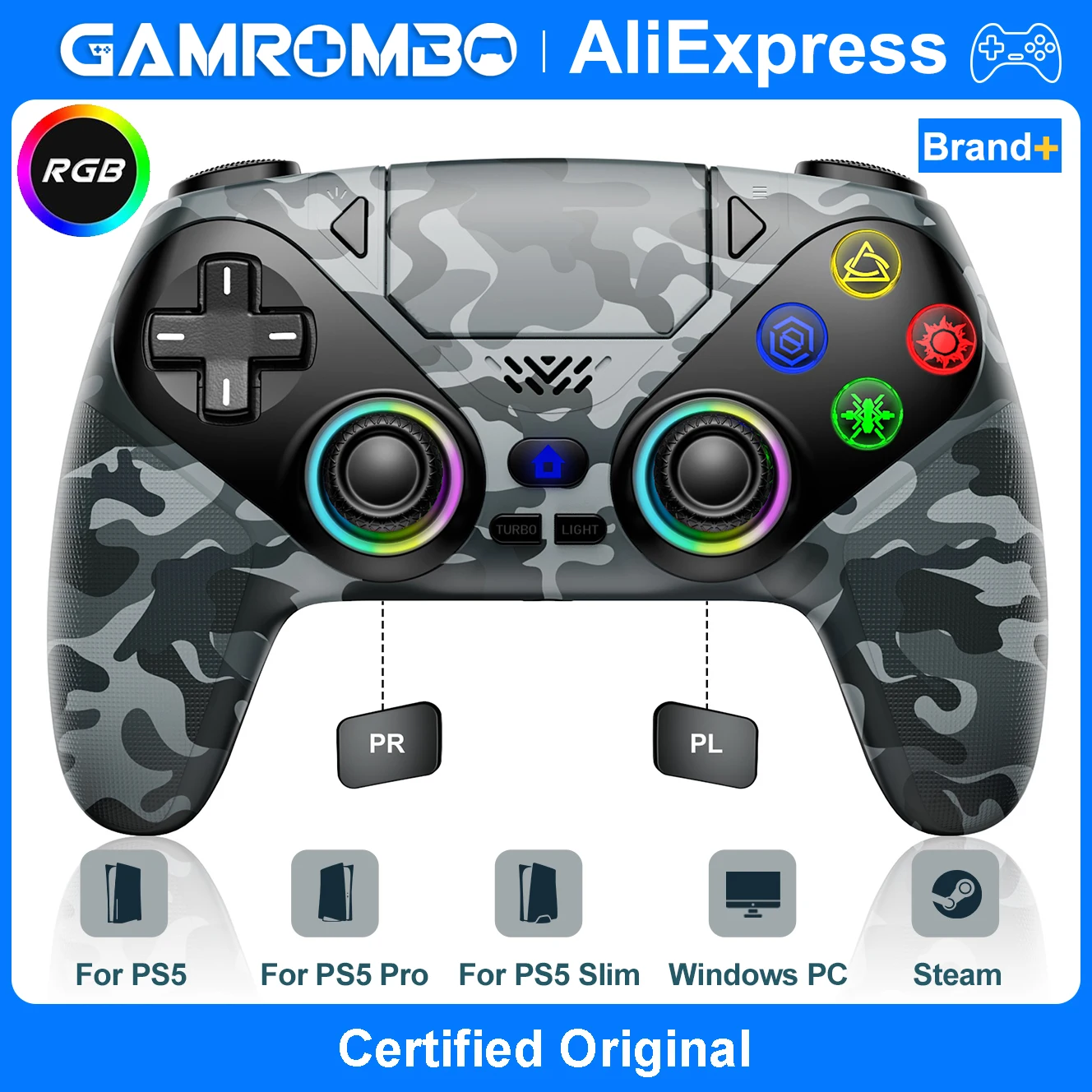 RGB Wireless Controller for Playstation5/PS5 Pro/Slim/PC,Dual Vibration Marco/Turbo Func Gamepads 3.5mm Audio Jack Game Joystick