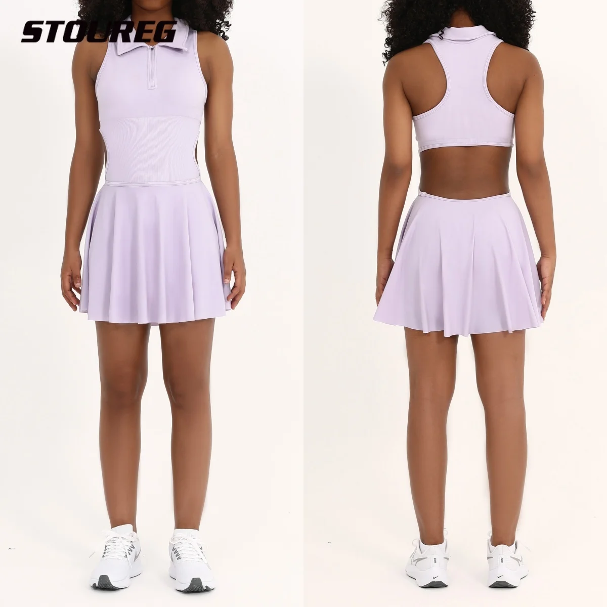 

STOUREG женские теннисные юбки с открытой спиной, встроенные шорты для йоги, спортивные костюмы, передняя молния, воротник-стойка, комбинезоны для тренировок в тренажерном зале