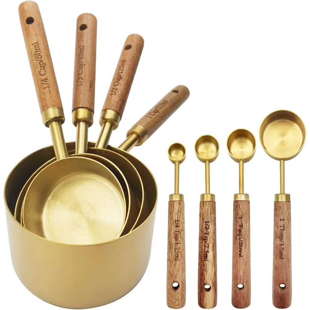 8-teiliges Messbecher- und Löffel-Set mit Holzgriffen, Messbecher aus Edelstahl, Backwerkzeuge, Kaffee-Messlöffel-Set