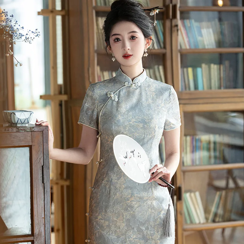 

Yourqipao, новая традиционная Cheongsam с воротником-стойкой в китайском стиле, новинка 2025, женская ретро-юбка Ципао с короткими рукавами