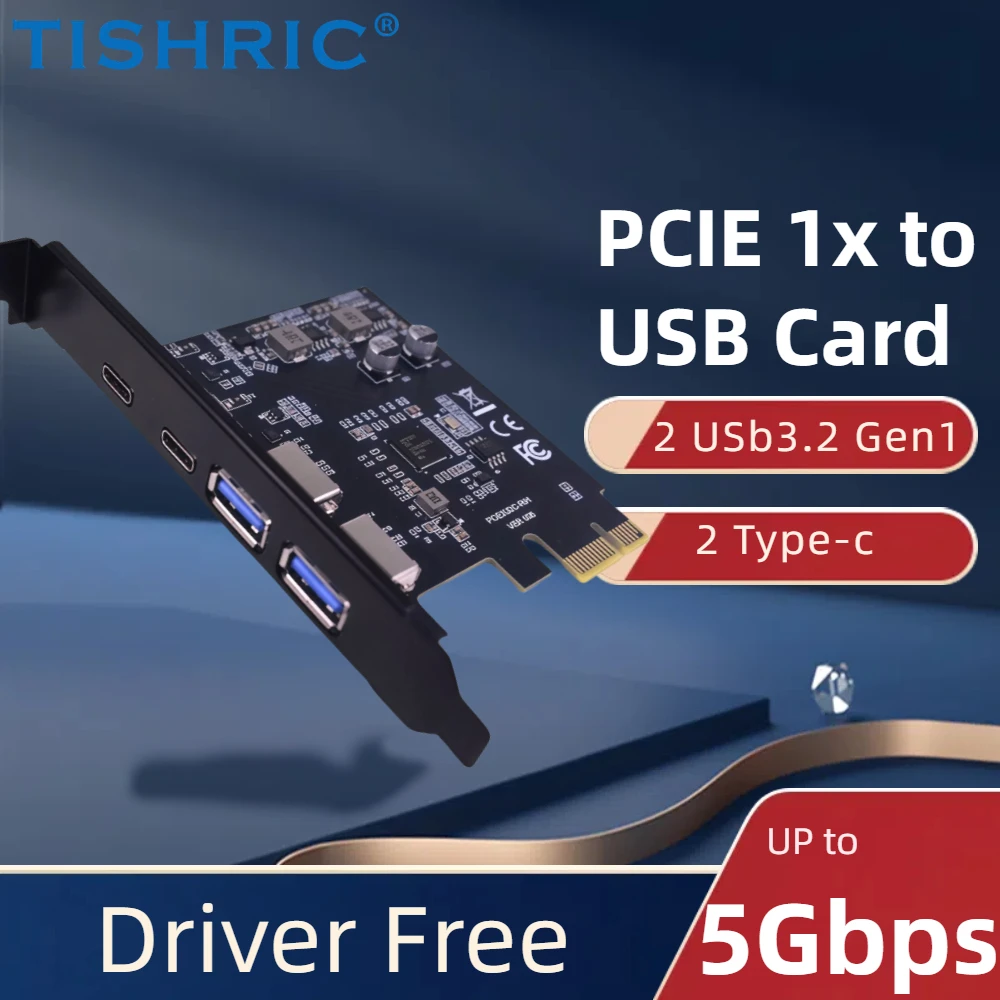 TISHRIC PCIE 1X USB Adapter PCIE 1X To 2 Ports USB3.0 Type C Expansion Card Multiplier 5Gbps PCI Express Controller Add On Cards