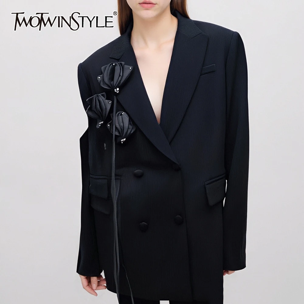

TWOTWINSTYLE однотонная куртка с 3D цветком, женские темпераментные женские куртки с лацканами и длинными рукавами, осенний стиль, модная одежда