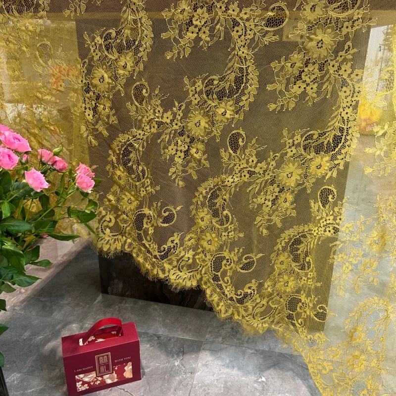 X1139 Golden French Eyelash Lace Fabric Curled Grass Pattern Gorgeous Evening Dress Stage Dress Fabric
