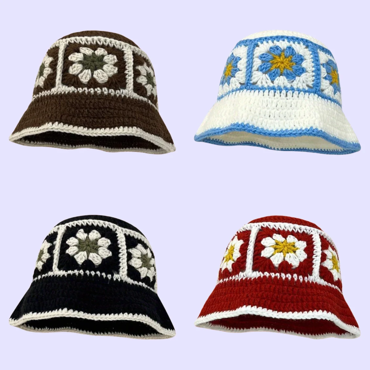 

Unisex Winter Crochet Basin Hat Handmade Colorful Bucket Panama Cap with Rainbow Flower Knit Korean Style Beanie